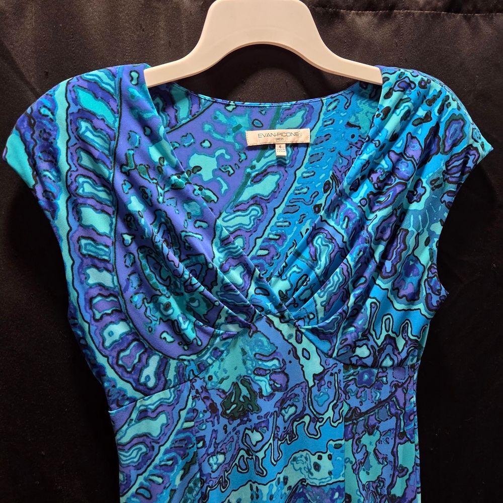 Evan Picone Blue Abstract Ruched Twist Knot Stretch Workwear Cocktail Dress SZ 6